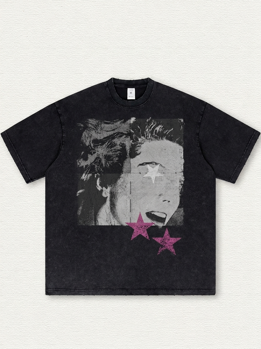 Black washed T-shirt with portrait print