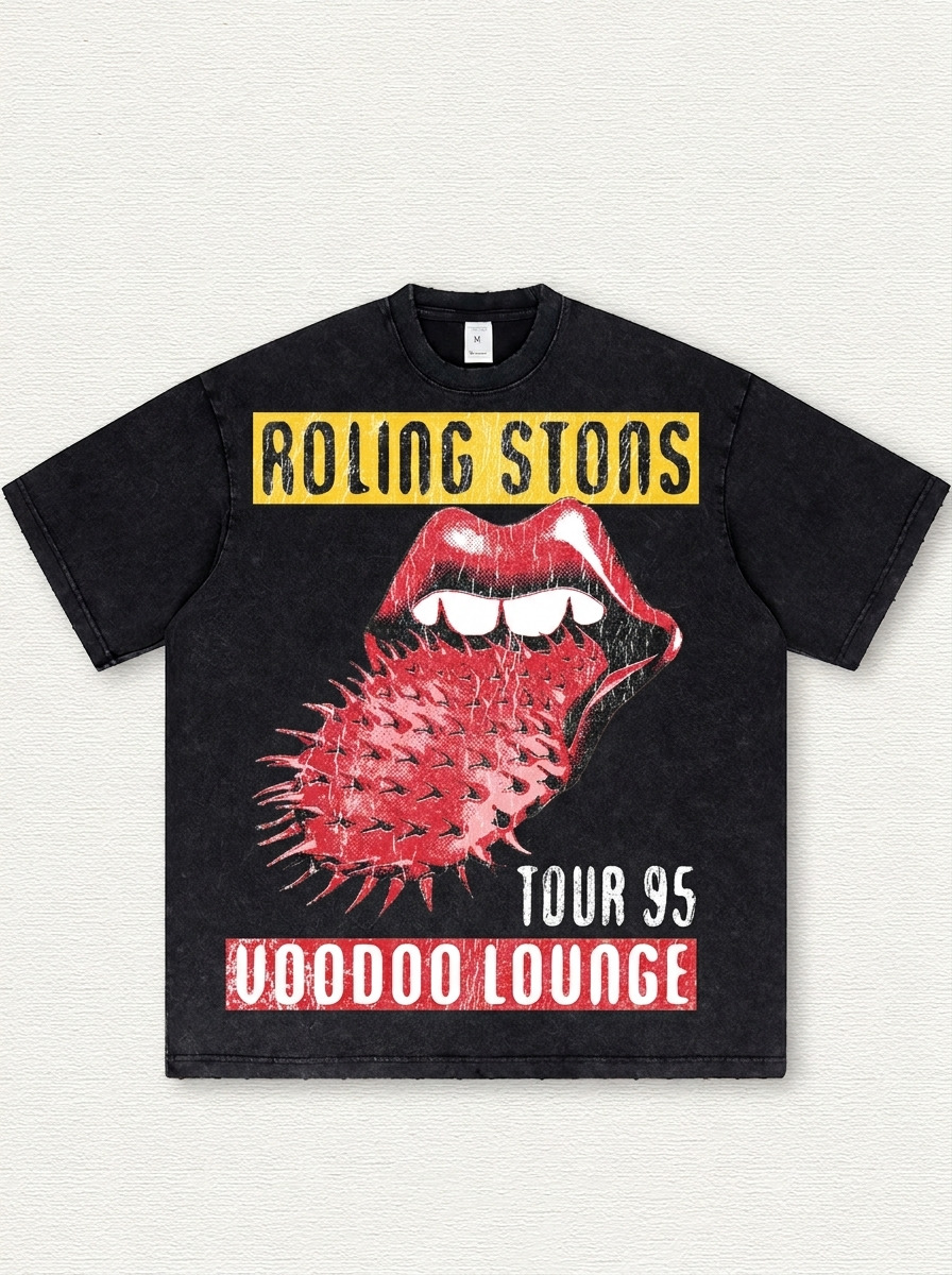 Black Washed T-Shirt with Tongue Print