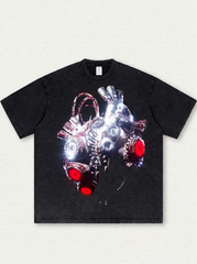 Black washed T-shirt with mechanical heart print