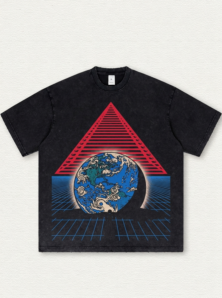 Black washed T-shirt with Earth print