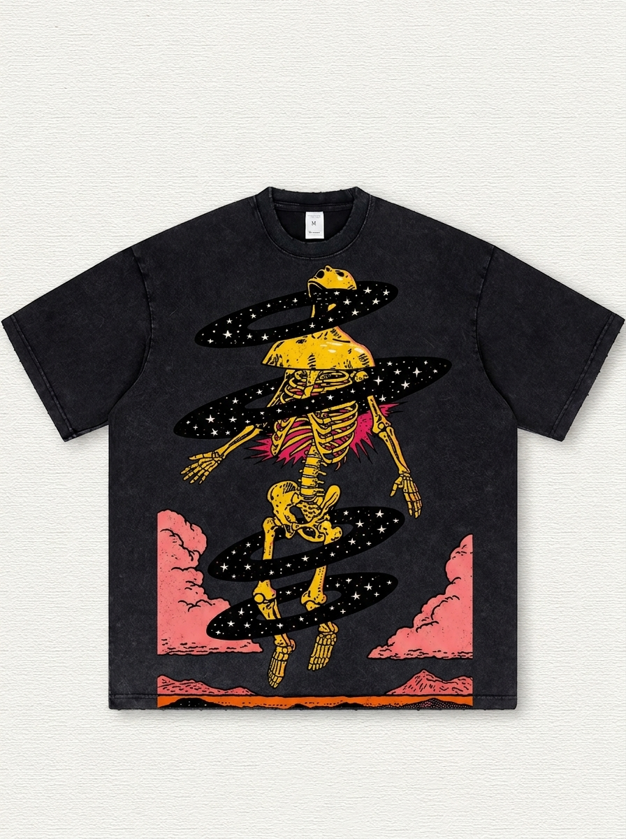 Black Washed T-Shirt with Star-Ring Skull Print