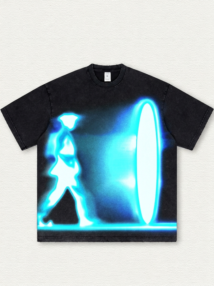 Black Washed T-Shirt with Portal Print