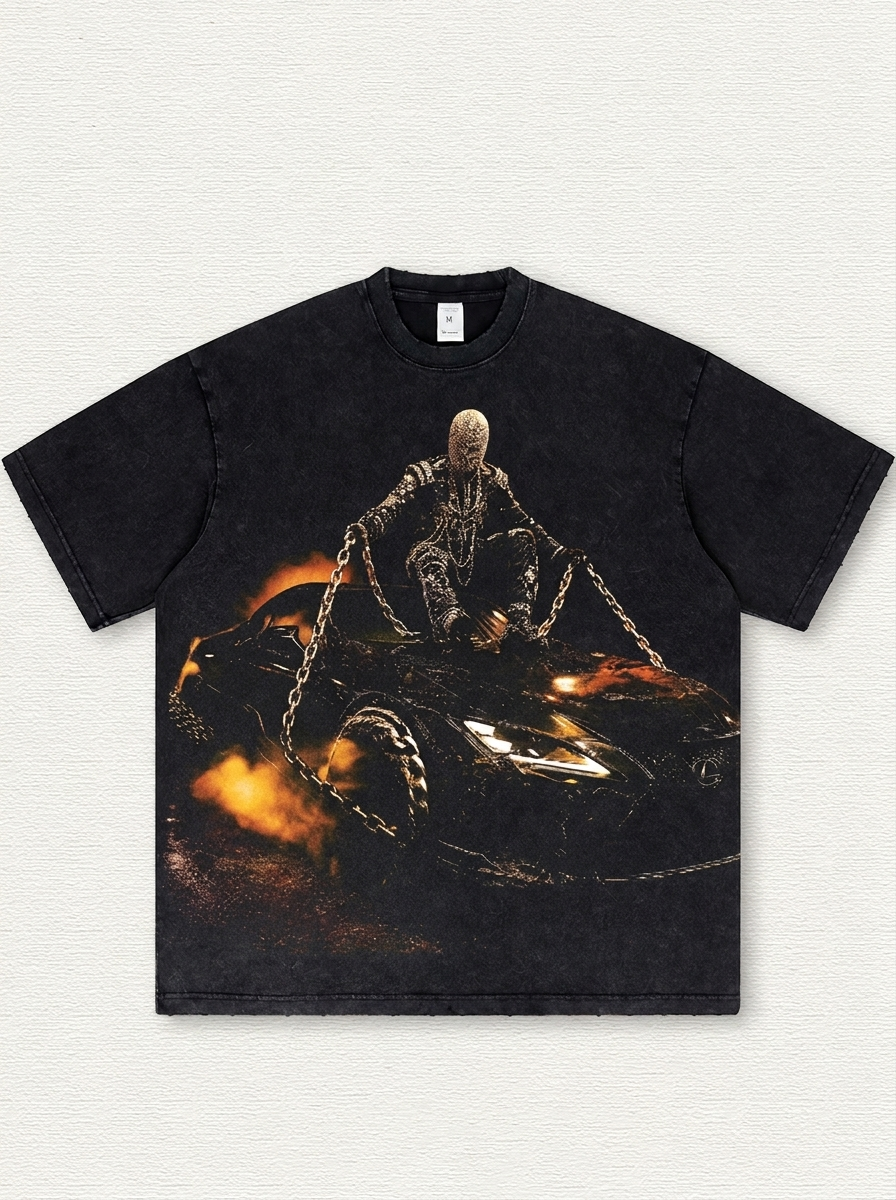 Black Washed T-Shirt with "Evil Spirit Car" Print