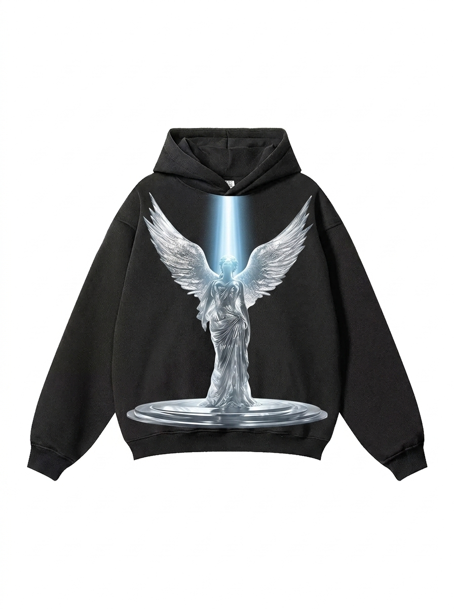 Black Heavyweight Hoodie with Angel Print