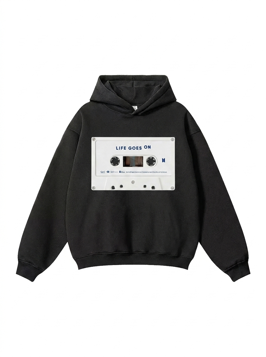 Black Heavyweight Hoodie with Cassette Tape Print