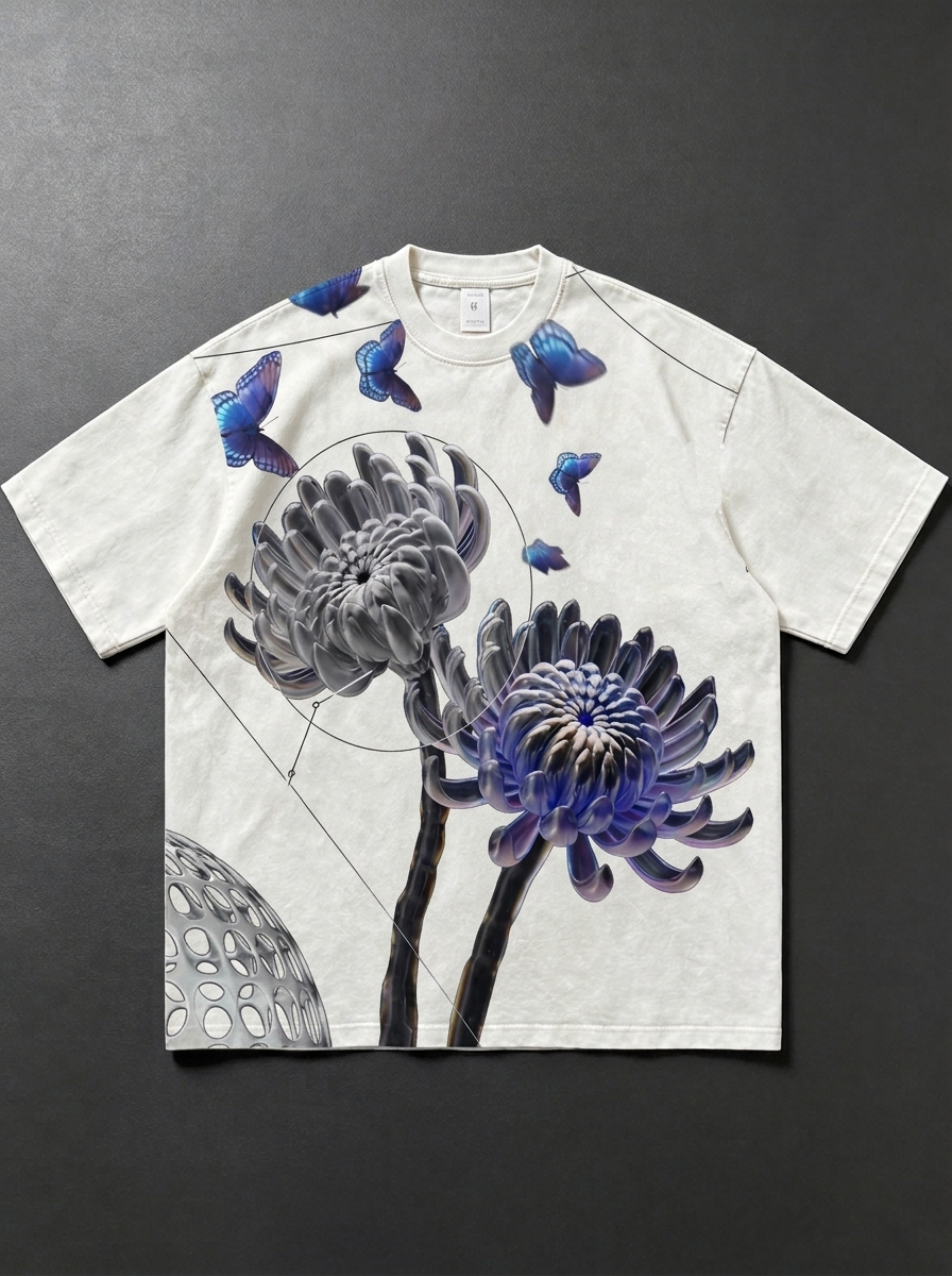 Black washed T-shirt with digital floral print