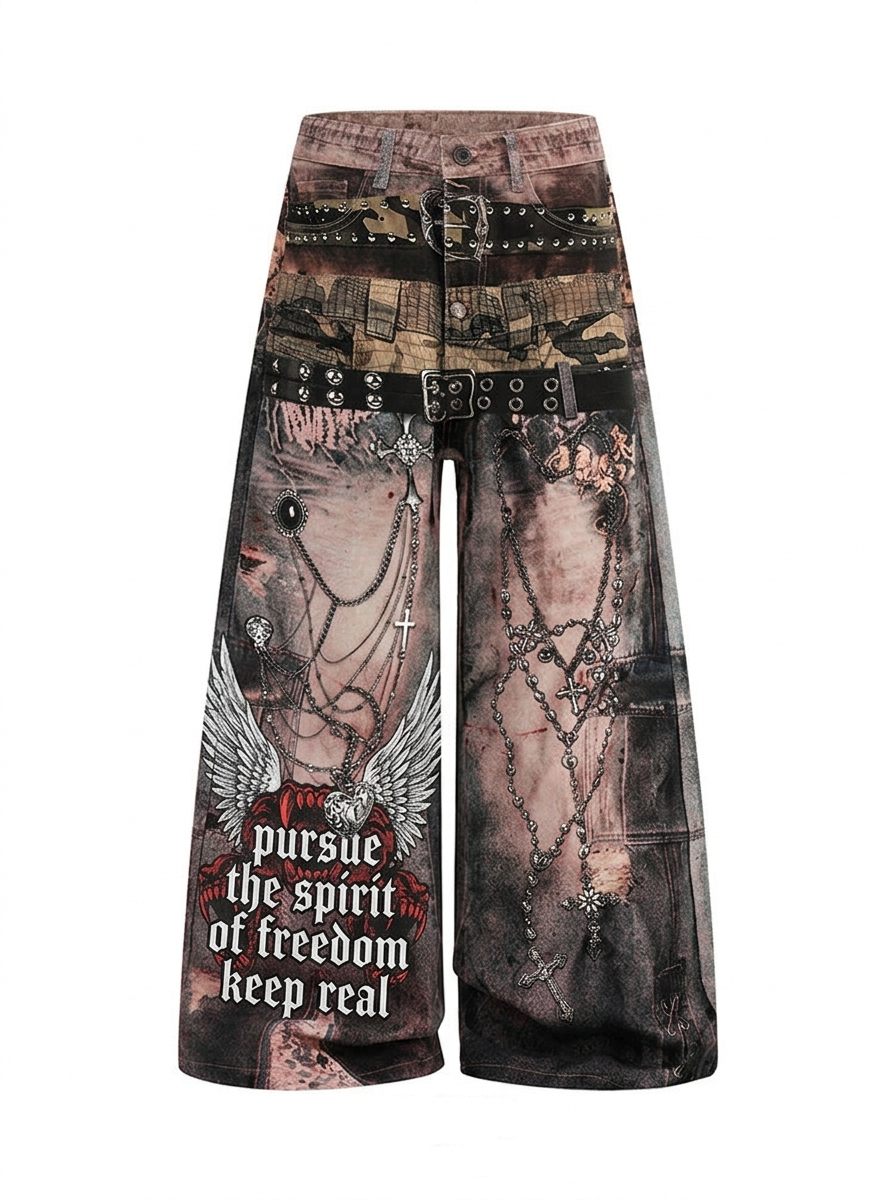 Distressed denim trousers with 3D print