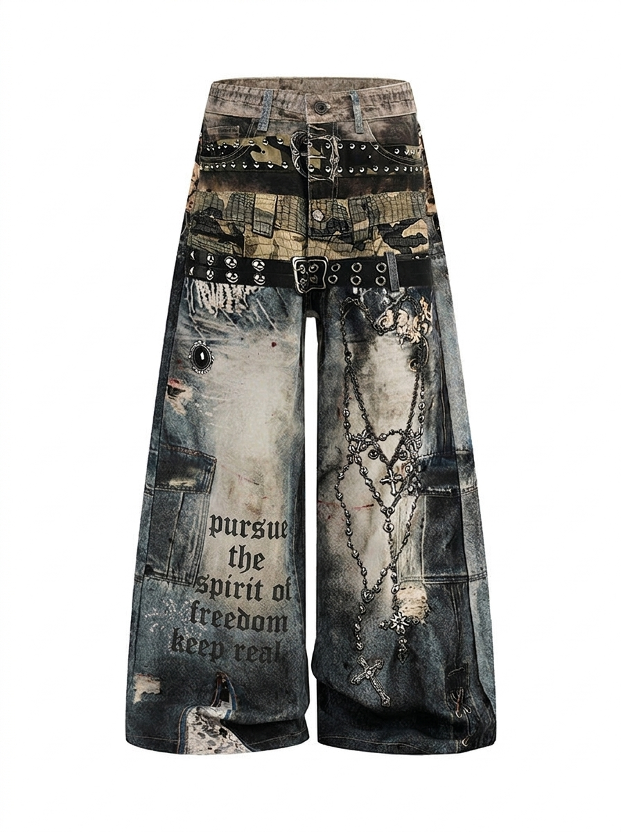 Distressed denim trousers with 3D print