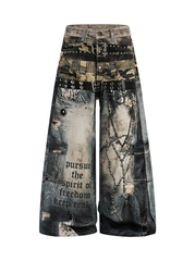 Distressed denim trousers with 3D print