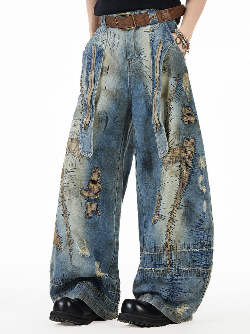 3D-printed washed denim trousers