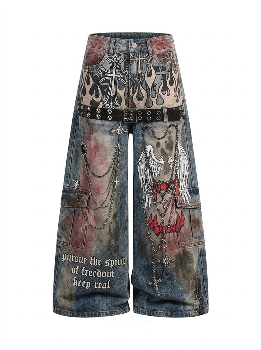 3D-printed washed denim trousers