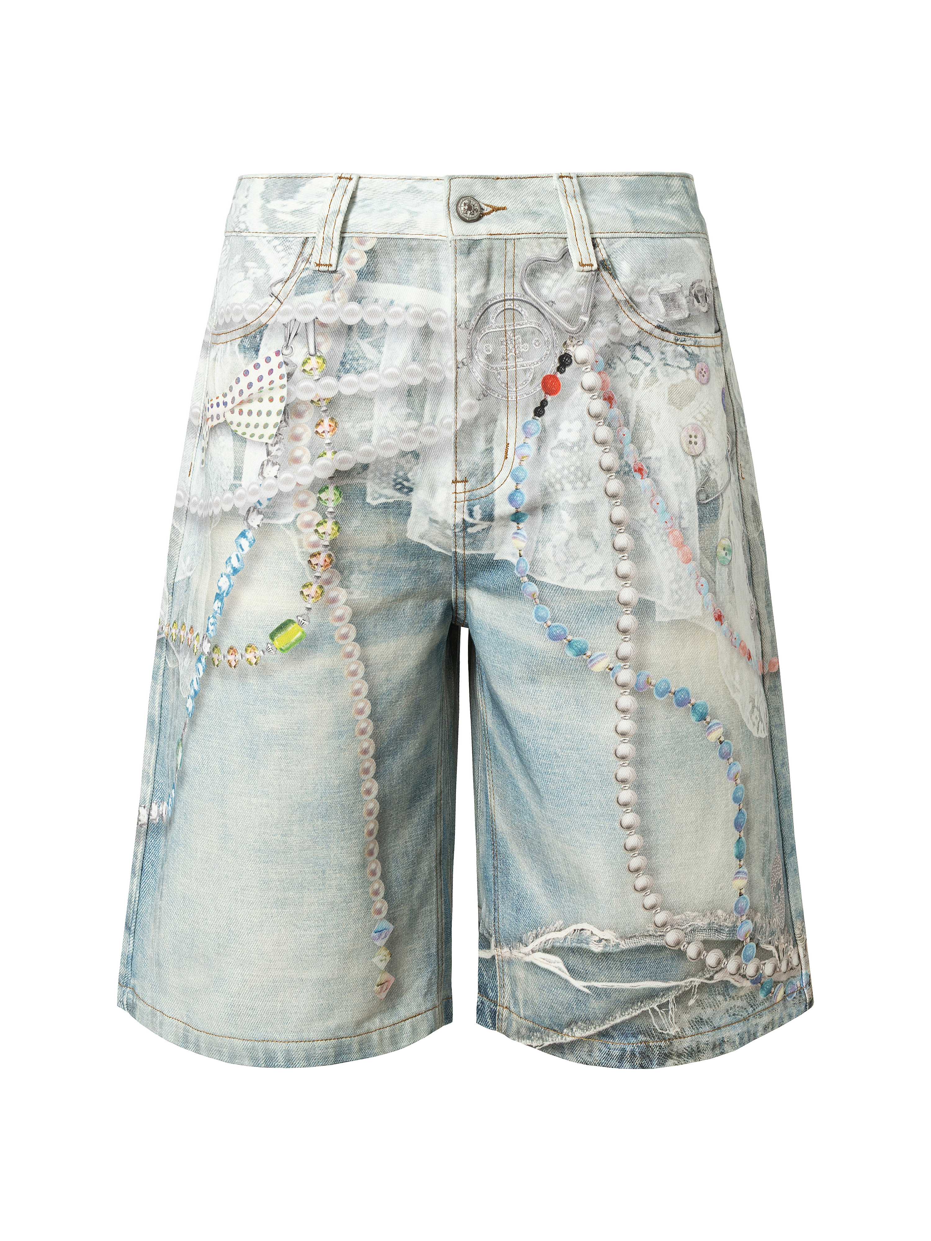 Distressed shorts with 3D pearl chain print