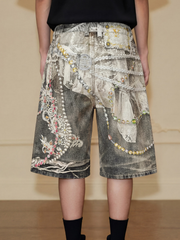 Distressed shorts with 3D pearl chain print