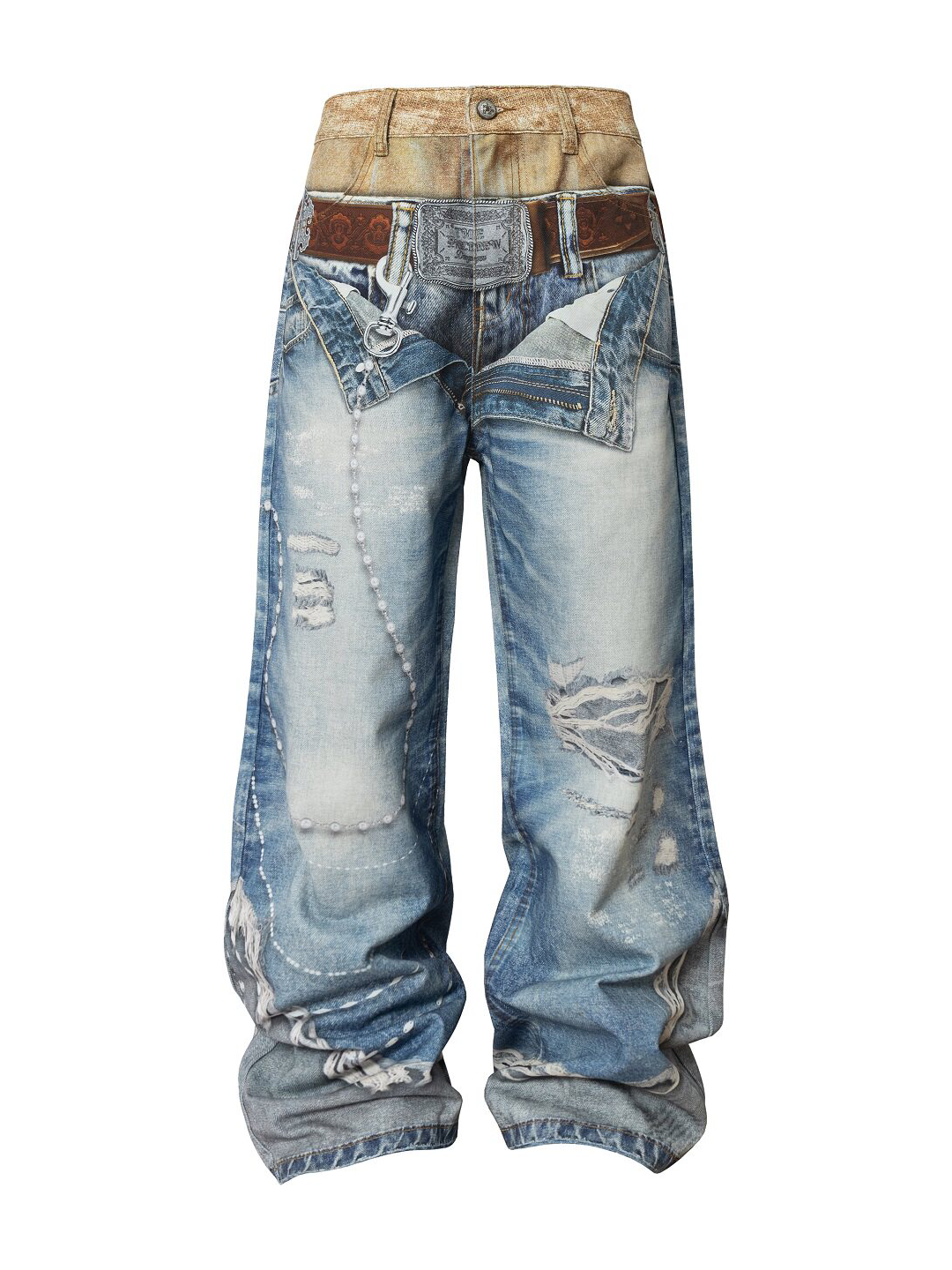Distressed shorts with 3D-style denim print