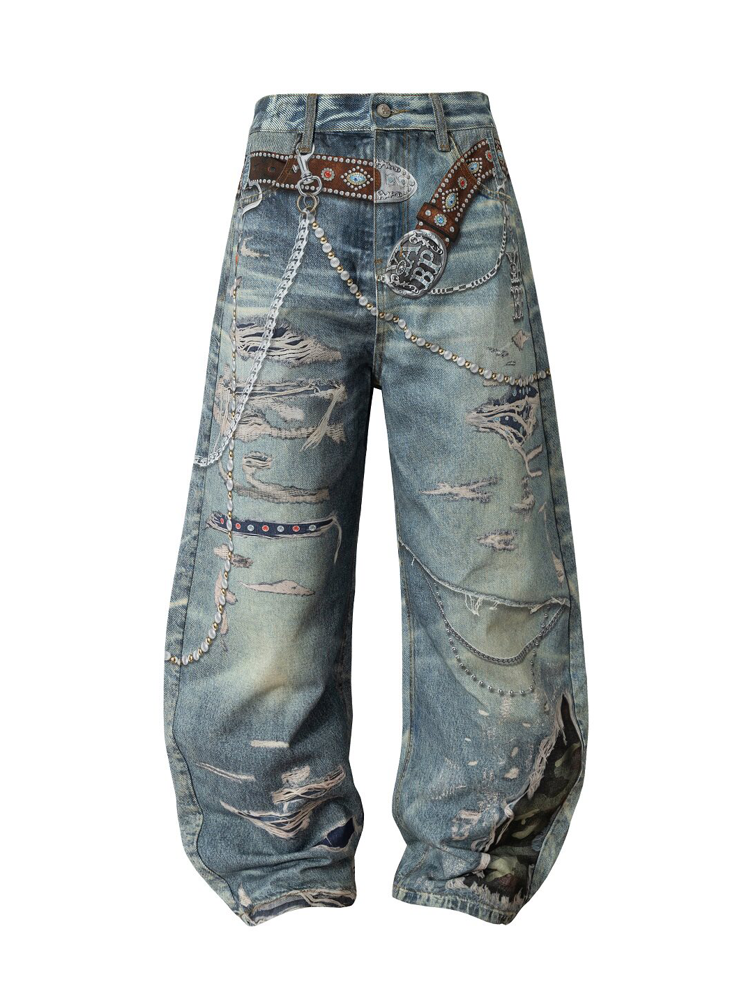3D Street-Style Ripped Jeans with Rhinestone Chain Print