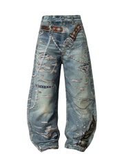 3D Street-Style Ripped Jeans with Rhinestone Chain Print