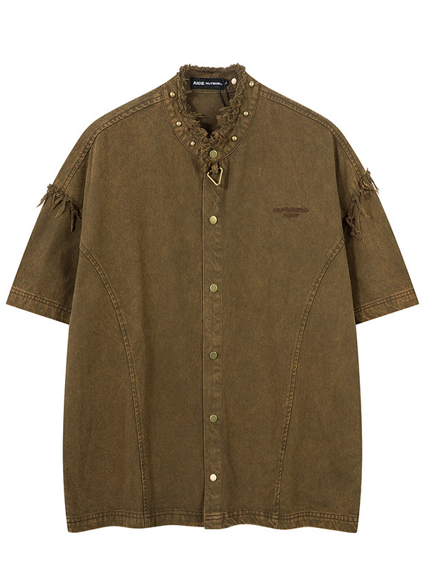 Trendy Vintage-Style Crew-Neck T-Shirt with Distressed Whiskering Details