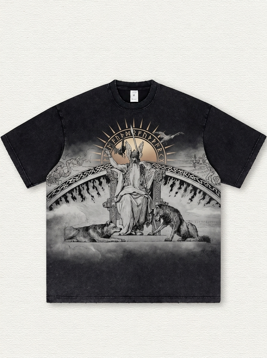 Distressed-style T-shirt with celestial deity print