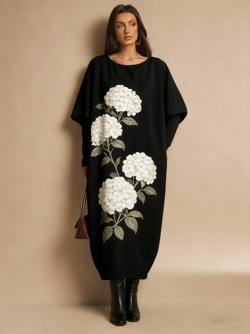 Loose hydrangea printed dress（Half-sleeve）